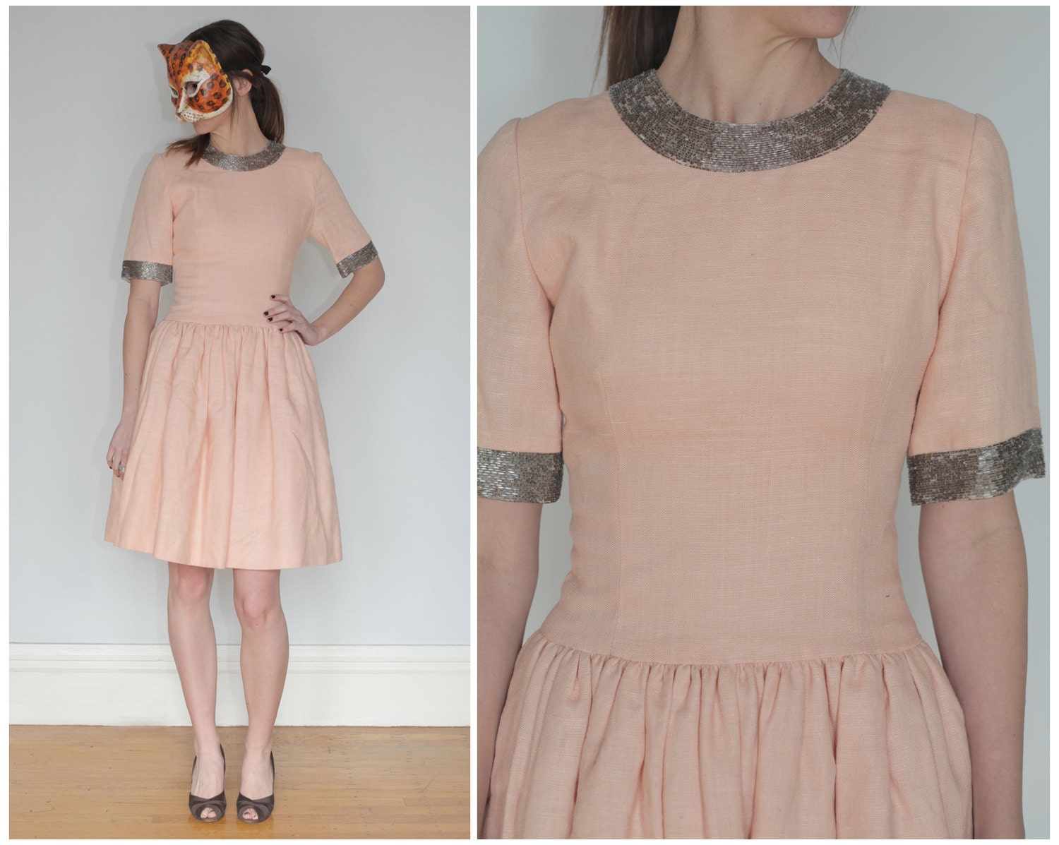 Darling Vintage Peachy Pink Party Dress with Silver Metallic Beaded Collar and Cuffs - sz S