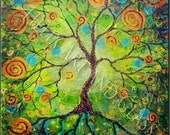 Tree in Chartreuse Original 24" x 24" Mixed Media Tree of Life Painting on canvas by Christina Colwell, Modern Contemporary Folk Art