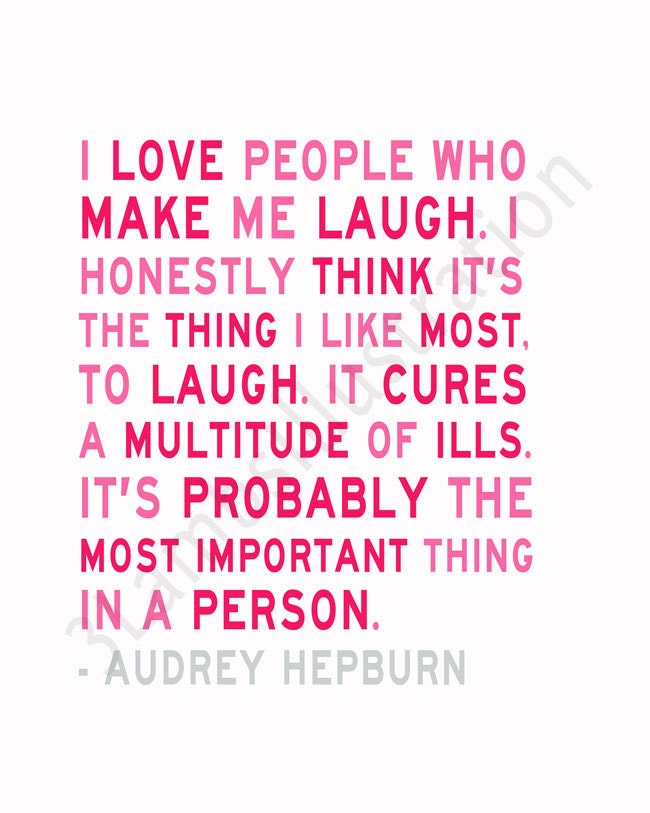Audrey Hepburn Quote Print I Love to Laugh Light & Raspberry Pink 8 x 10