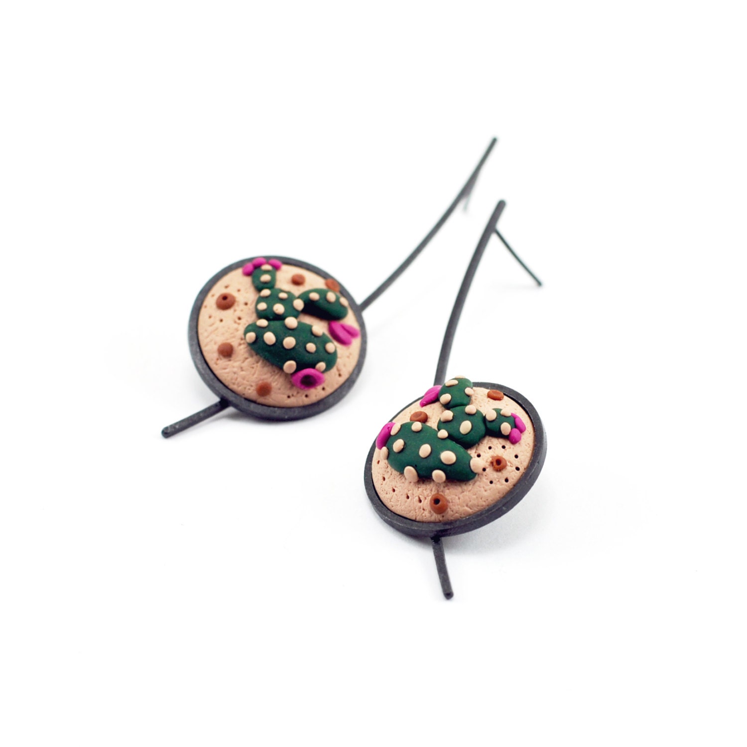 Polymer Clay and Silver Post Earrings. Handmade. Oxidized Silver. Collection CACTUS. Handmade by Maria Goti Joyas.