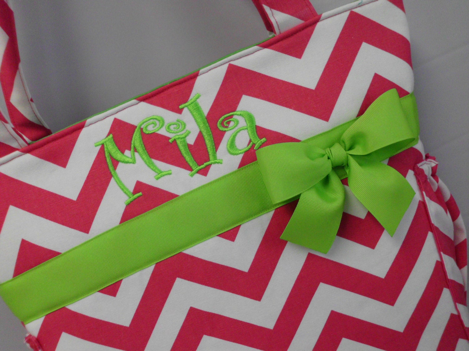 New....CHEVRON  in Hot PINK ..  LIme Green Accents  ...   Diaper Bag .... TOTE .. Bottle Pockets ... Monogrammed  FReE