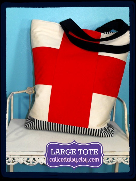Criss Crossed Large Market Tote Bag - 18 Inch - Red Swiss Cross Inspired