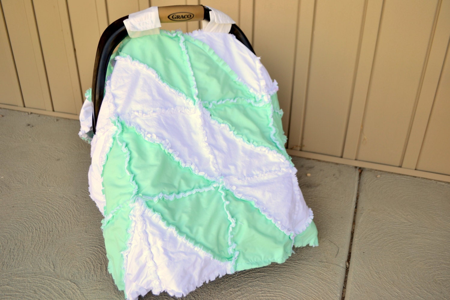 Chevron Rag Quilt Car Seat Tent Mint Green and White Ready to Ship More Colors Available