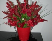 Baby Red Roses Silk Floral Arrangement in Shiny Red Pail