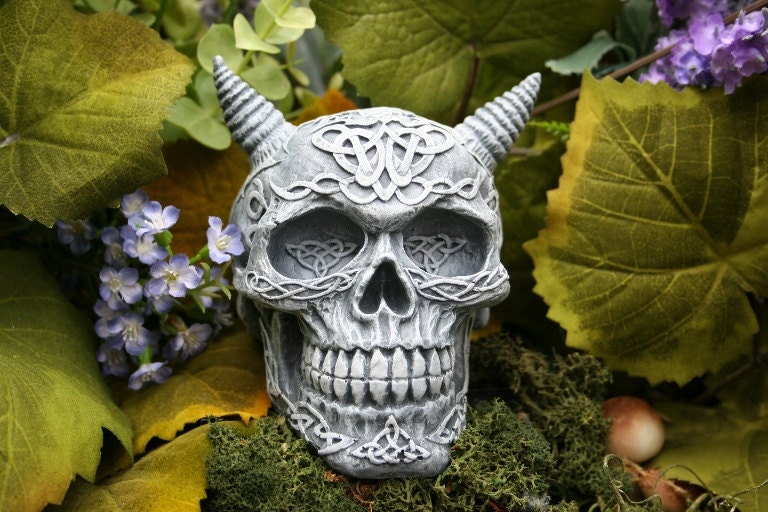 Skull Sculpture - Horned Skull Statue with Celtic Knotwork Designs - Solid Concrete