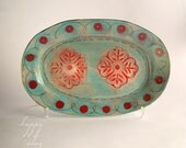 11 x 17 inch ceramic primitive flower stamp serving platter