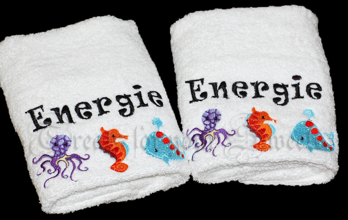 Personalized Hand Towel Set with embroidered sea creatures
