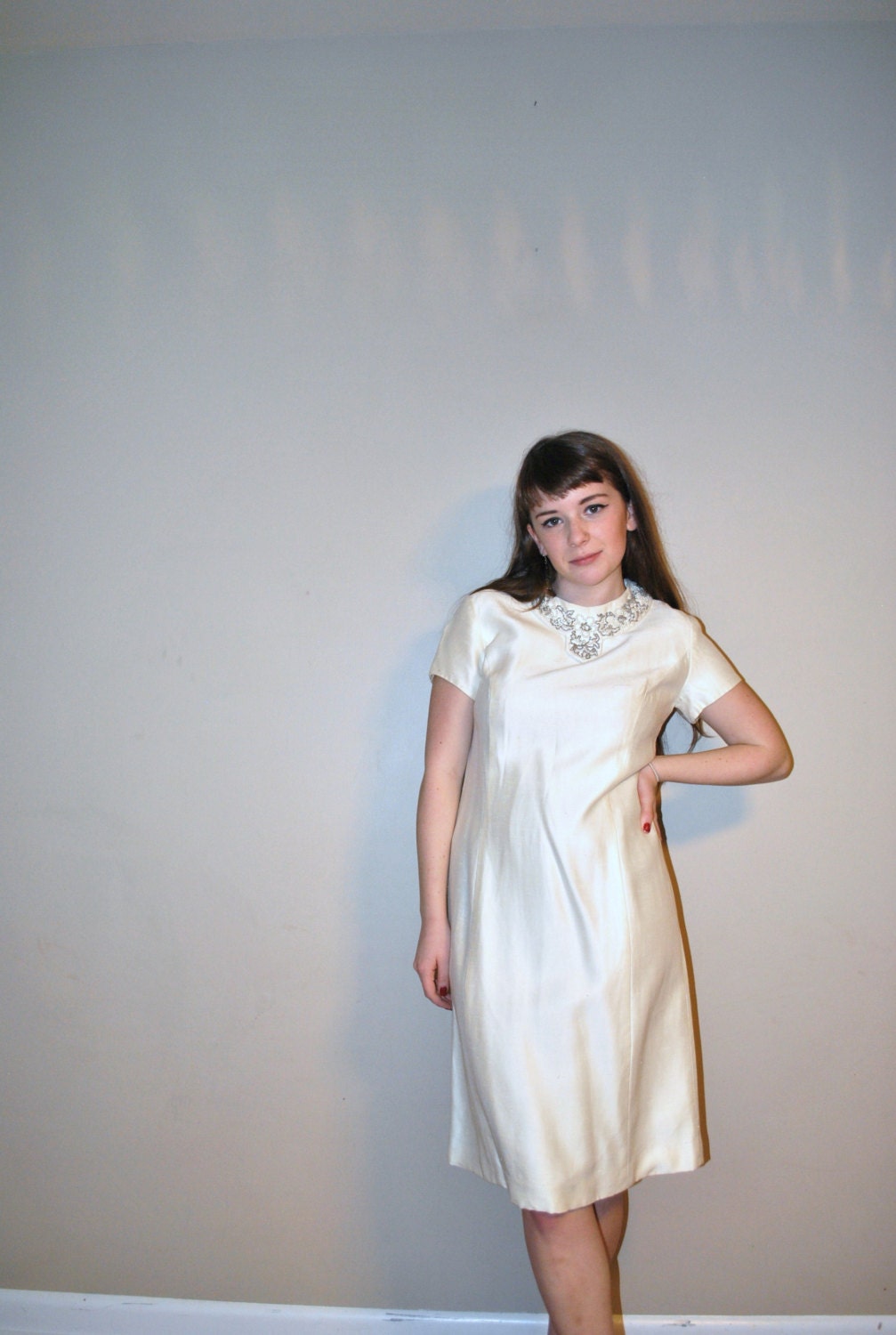 60s wedding dress // white raw silk blend with rhinestones and beading // vintage 1960s dress