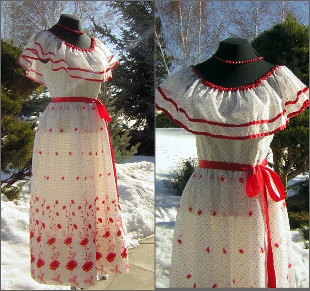 Vintage 70s Party Dress Formal - Valentine Red & White Sheer - Sweetheart Embroidery - Vicky Vaughn - Small