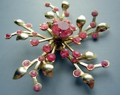 Vintage 40s Signed Coro Brooch Pin - Pink Handset Rhinestones Riveted Back Center - Sweet 16