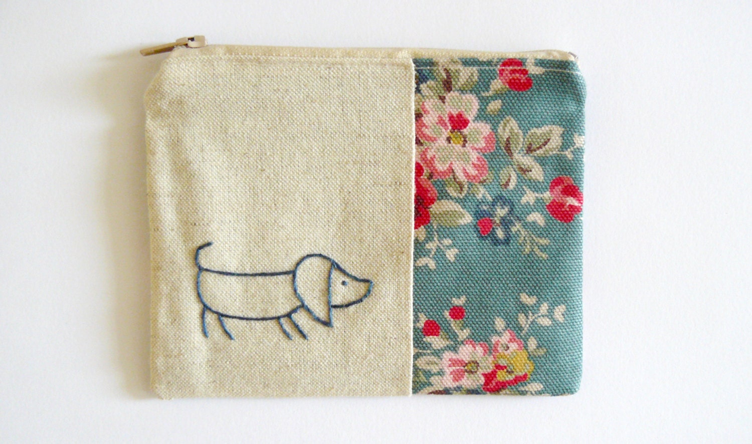 daschund dusty blue floral coin purse hand embroidery sausage dog