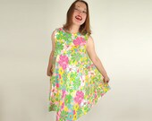 NOS 60s Pink Flower Power Cotton Mini Tent Dress M