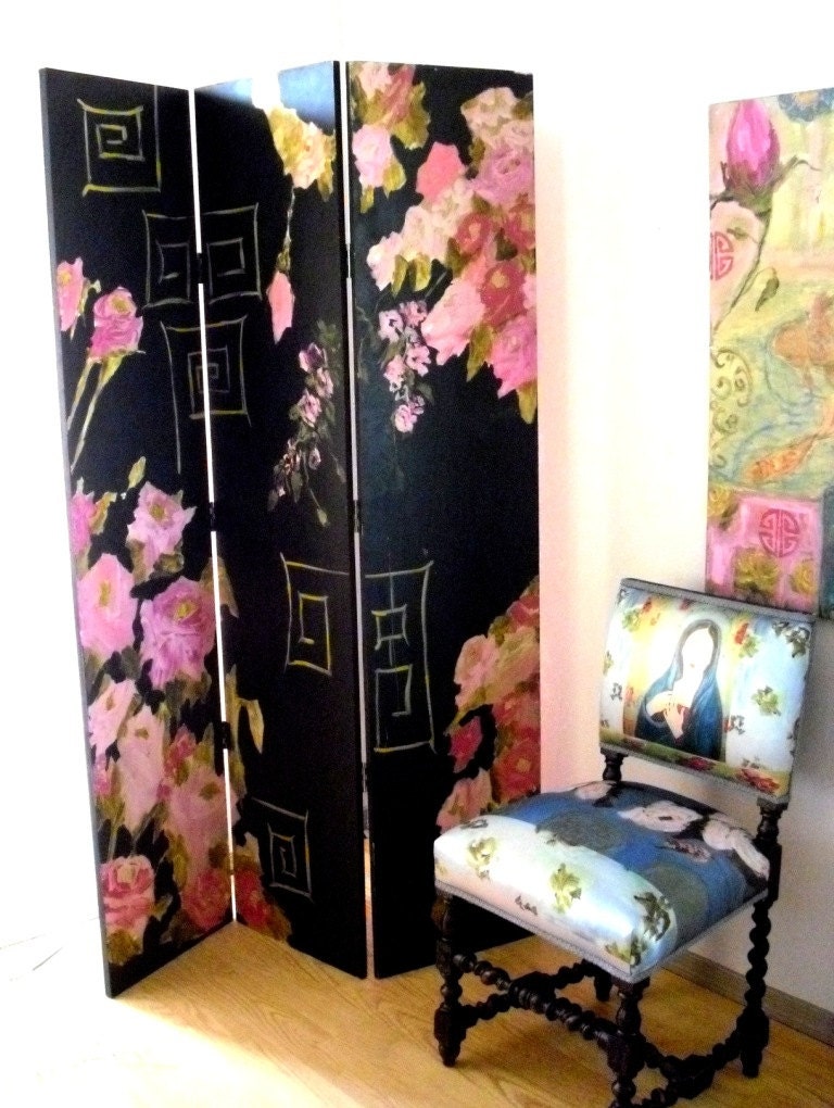 Black and pink roses chinoiserie painted screen
