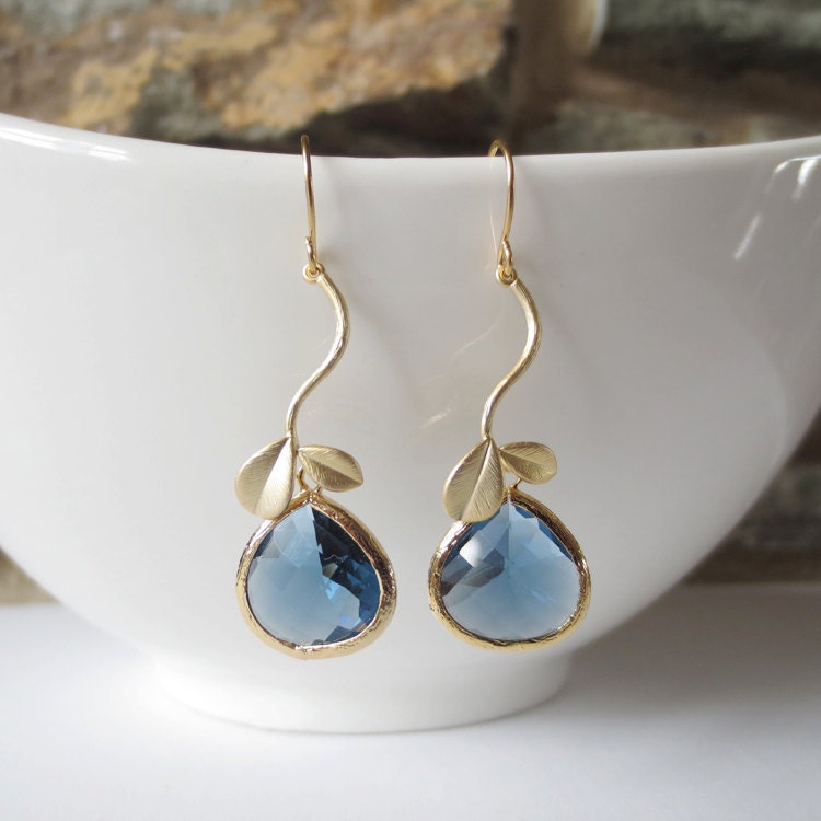 Sparkle Leaf Drop Earrings, Dangle Earrings, Hoop, Wedding Jewelry, Bridesmaid, Bride, Sapphire Blue, Mother's Day Gift