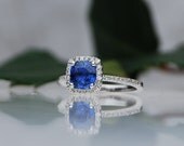 1.13ct Round blue cornflower sapphire diamond ring 14k white gold engagement ring