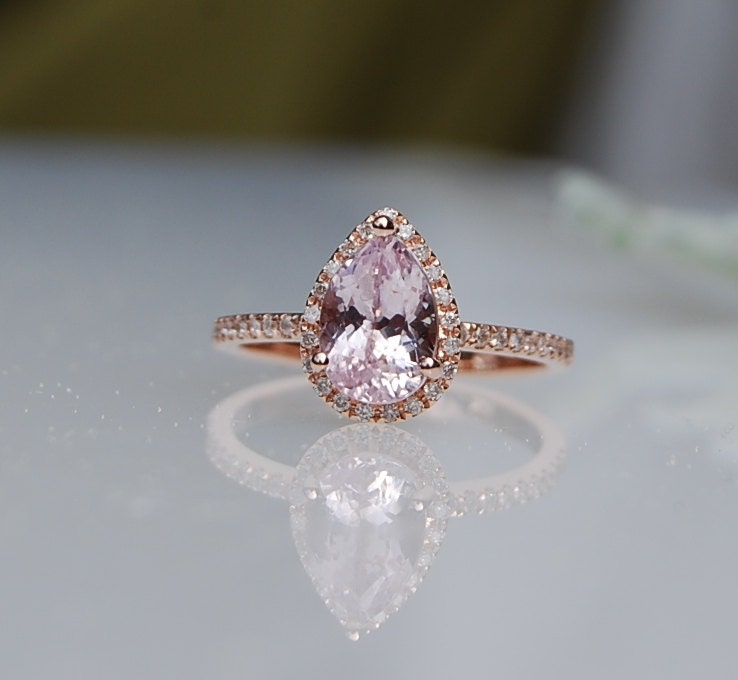 1.9ct Pear shape Ice Peach sapphire in 14k rose gold diamond ring engagement ring