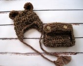 Crochet Baby Bear Hat, Crochet Baby Hat, Newborn Bear Hat, Baby Diaper Cover Set, Baby Photo Prop, Infant Bear Hat, Baby Ear Flap Hat,Brown