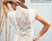 STEAMPUNK BRIDE BLOUSE - burlesque shirt  - High fashion Cabaret couture Wedding - Off white Cream - Modern Babydoll - Size Small: Rt-Ow-2