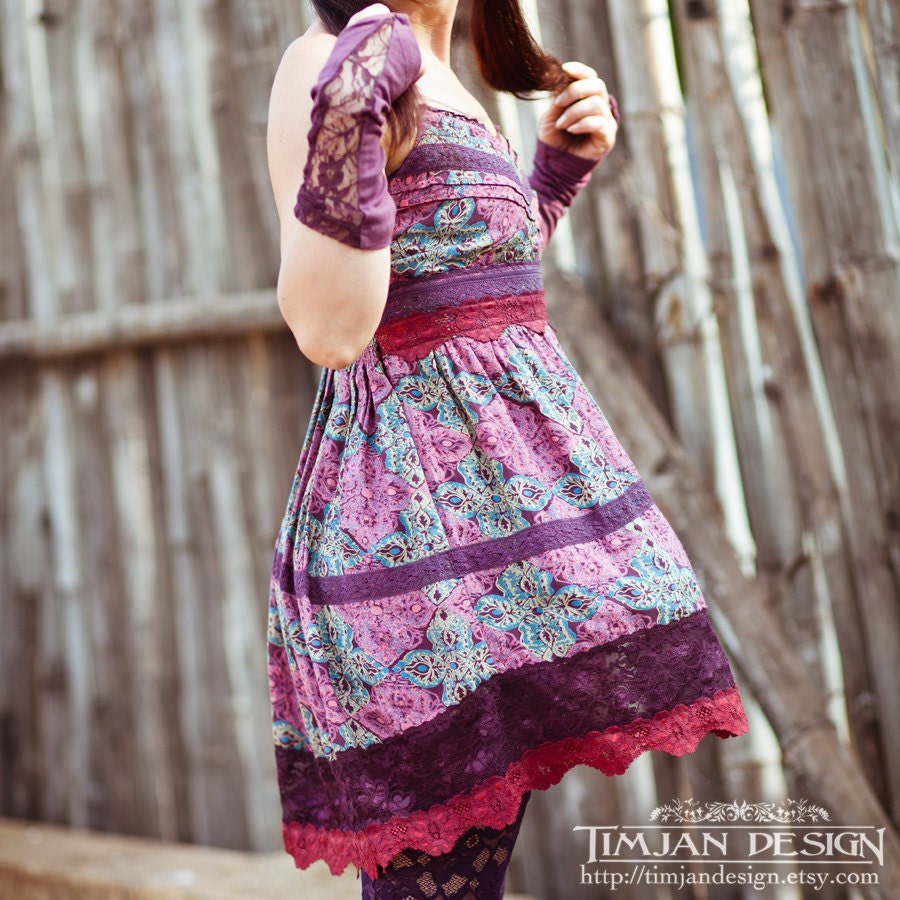 SPARROW MINI DRESS - Tunic Babydoll Lolita Rockabilly Pinup Doll Kawaii - Purple Turquoise Floral - Size s/m Sp-Pu-2
