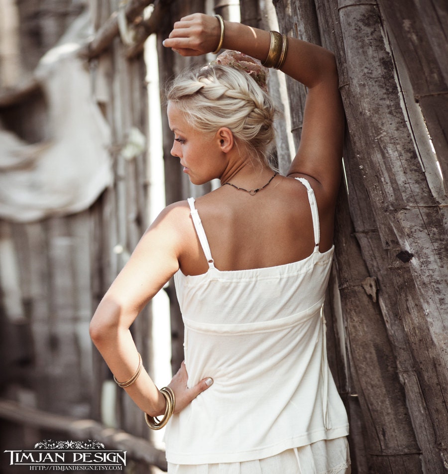 ORGANIC BAMBOO TOP - Tassel string camisole tank - Modern Hippie Wedding Bride - Off white Cream