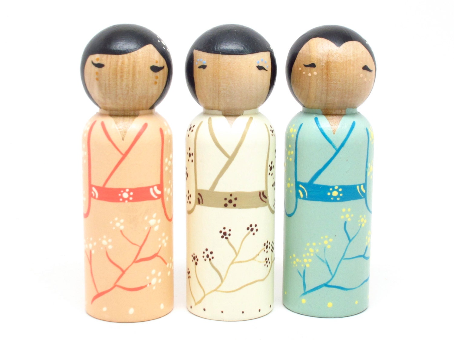 Three Pastel Geisha Women // Kids Easter Gift Spring Mint Green // wooden dolls wooden toys peg people modern doll house