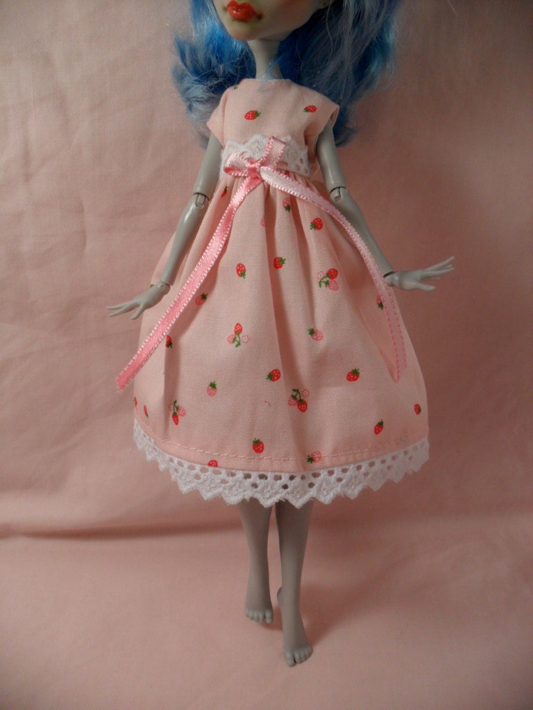 Monster High Doll Dress- pink strawberry print with Eyelet Lace