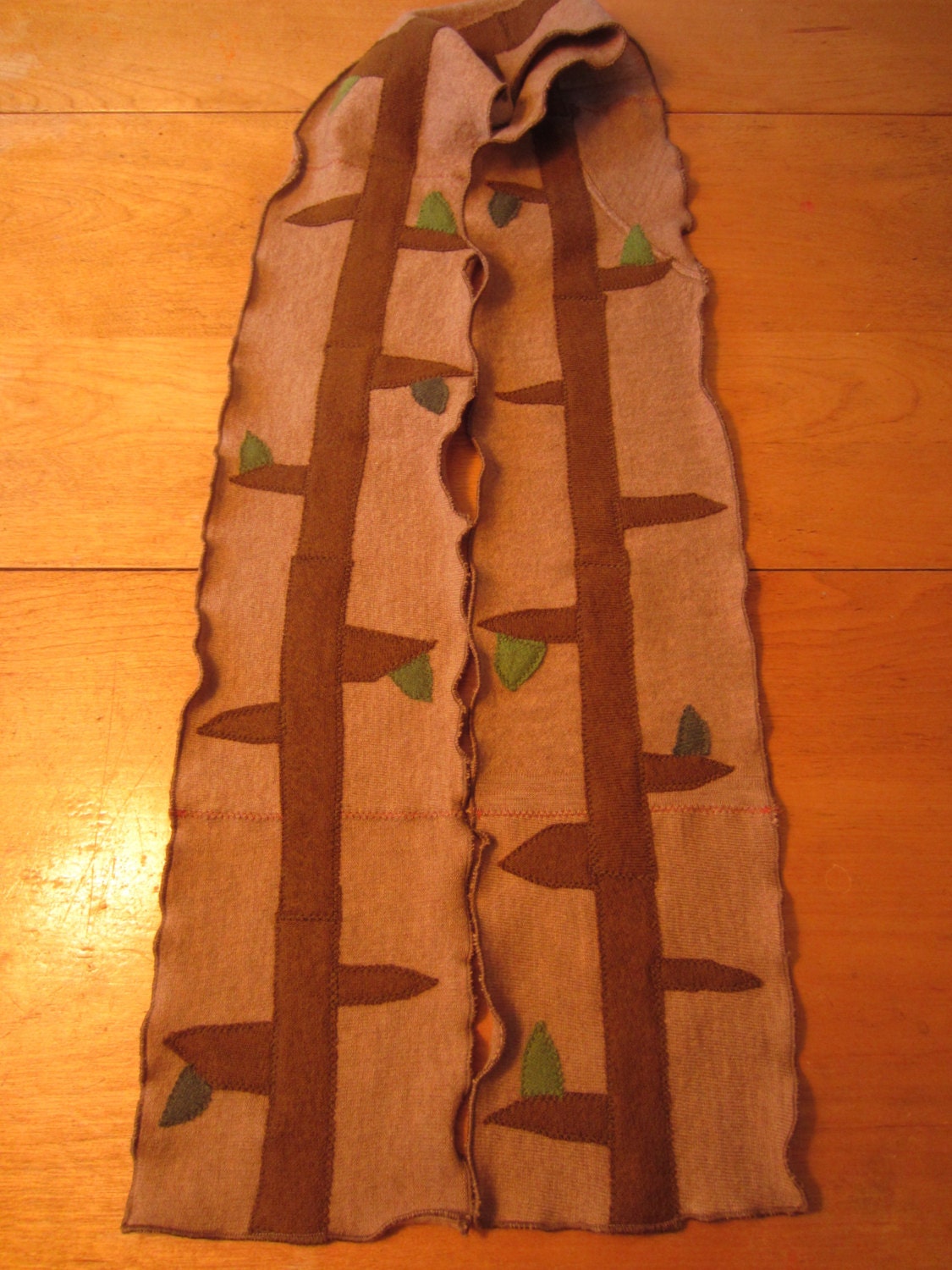 Light Brown Merino Wool Scarf made from recycled sweaters with branches & little buds