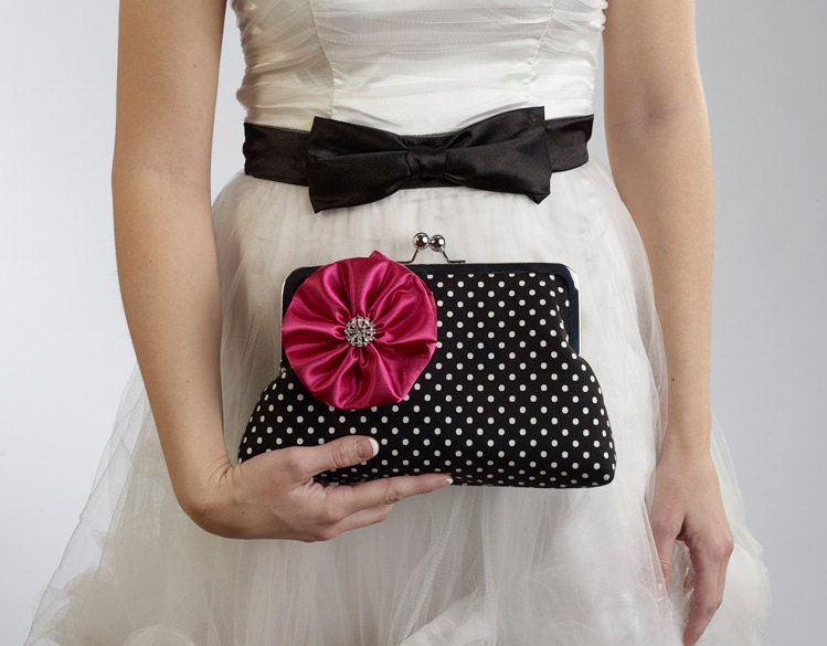 Bridesmaid Clutches- Evening Bag- Formal Wear -1 Black and White Polka Dot Clutch with FUSCHIA Flower Brooch