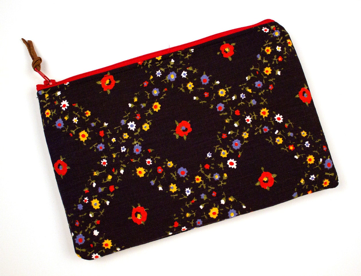 Clutch Zipper Pouch, Spring Purse, Black and Red Flowers, Vintage Floral Print, Make Up Bag, Cosmetic Bag,
