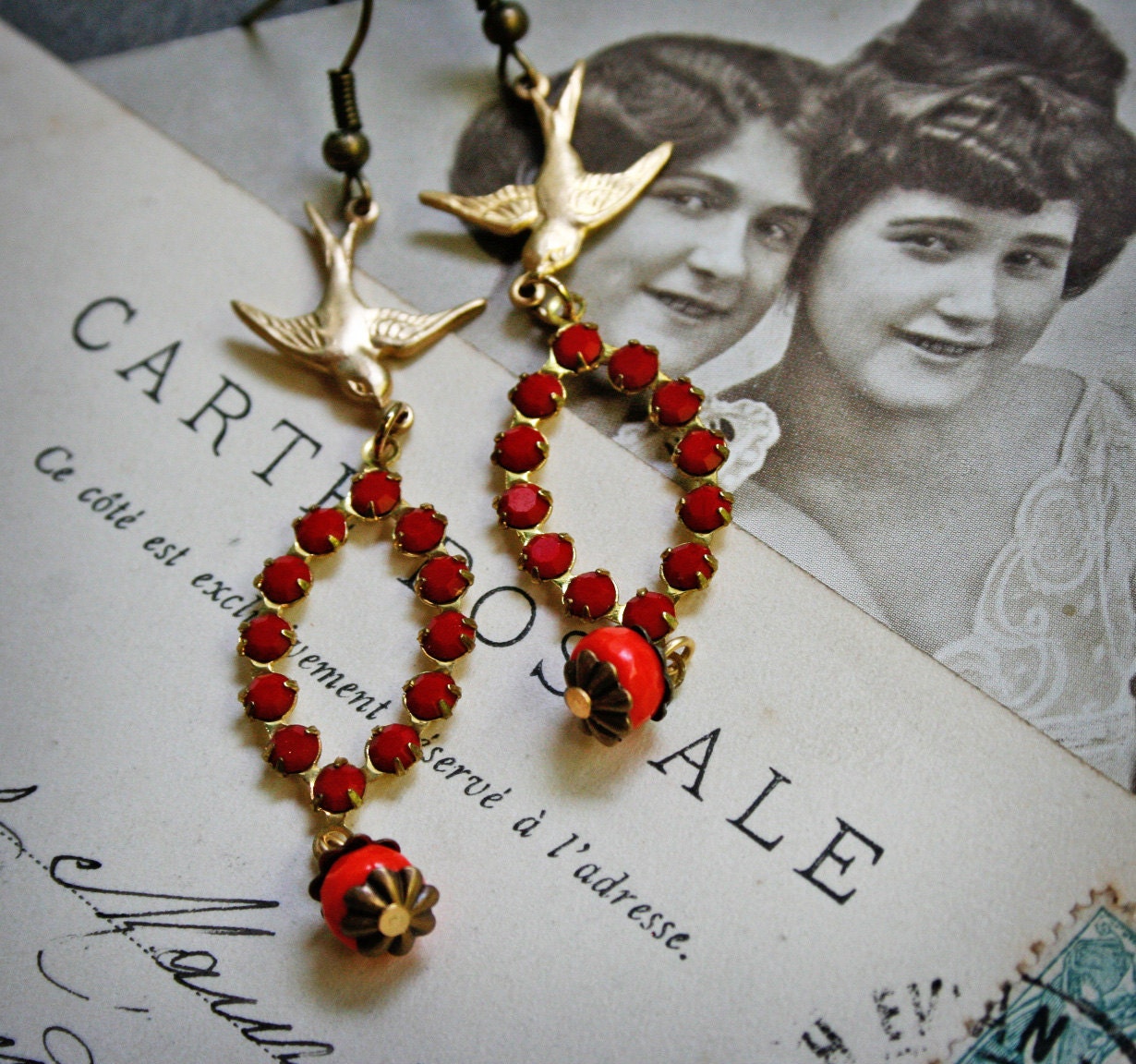 Swallow Vintage Red Rhinestone and Orange Bead Earrings