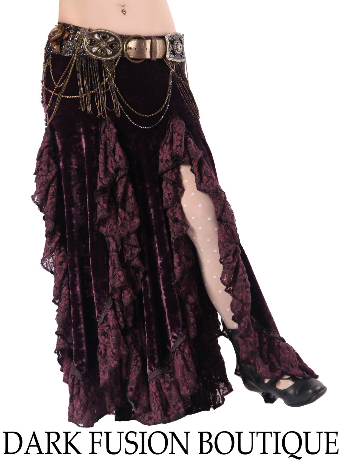 Skirt, Petal Skirt, Plum Velvet, Lace Ruffles, Tribal Fusion, Noir, Belly Dance, Dark Fusion Boutique, Goth, Vampire