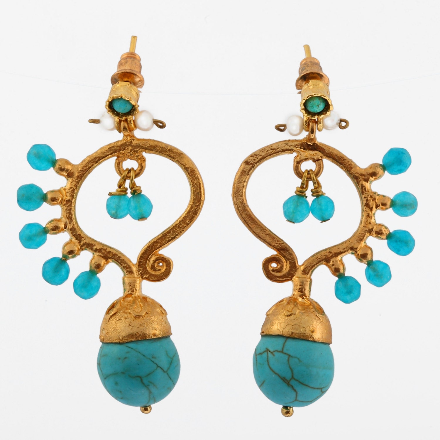 Butterfly Earrings in Turquoise and Blue Apatite -  Semiprecious Stones - Bohemian - Gold Plated - Hand Hammered