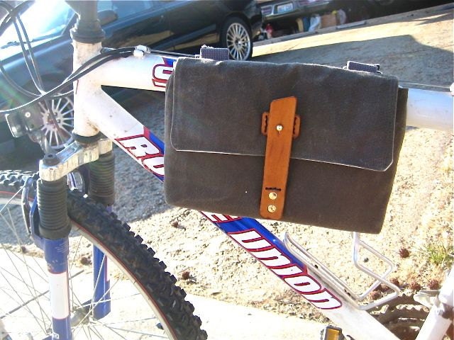 Waxed Canvas Bike Handlebar Bag / Bike Bento Bag / Bike Saddle Bag / Messenger Bag Zipper Pocket Water Resistant Stone Leather