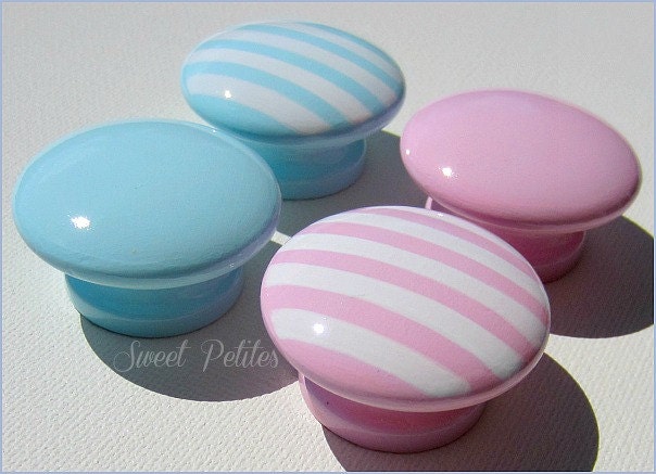 Hand Painted Knobs - Dresser Drawer Knobs - Pink - Baby Blue - Solid - Stripes - Drawer Pulls