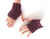 Hand Knit Tweed Lambswool Fingerless Gloves - Burgundy with purple, pink, and orange flecks