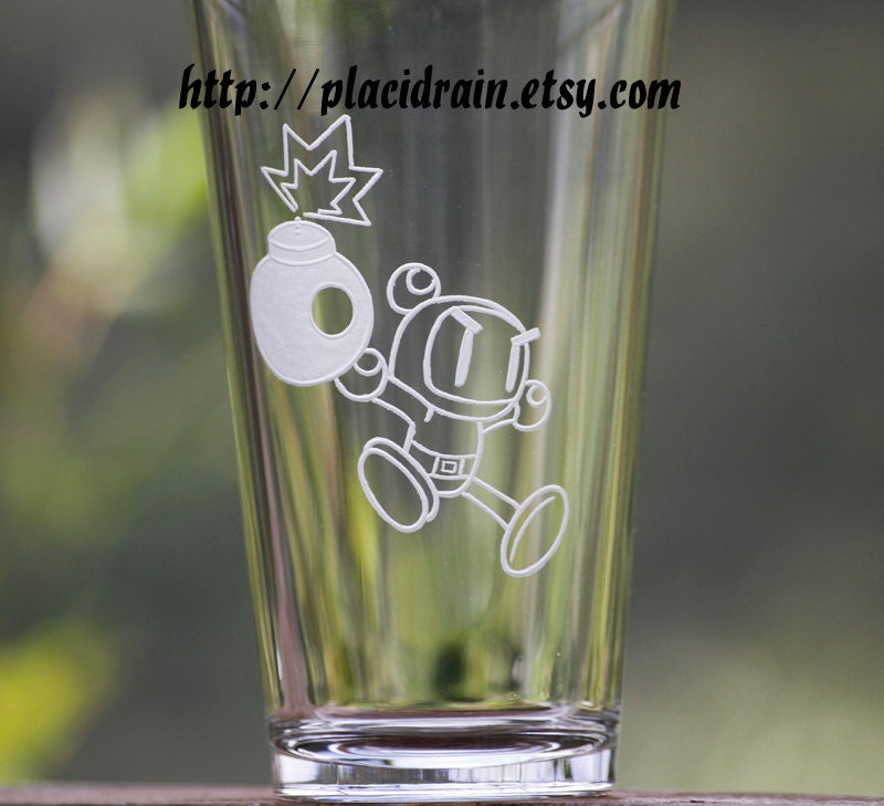 BOMBERMAN Hand Engraved Fanart Pint Glass (-16 oz.-) Heat Treated