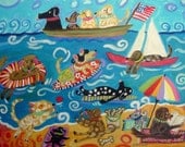 Beach Dog Painting Original Whimsical Art on Stretched Canvas American Flag Patriotic by Karen Fields 18 x 24
