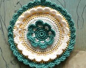 Potholder Teal  White  Yellow Cotton Kitchen Home Crochet Handmade