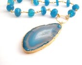 Apatite Necklace With Blue Agate Druzy - Rosary Necklace - Neon Blue - Gold - White - Large Pendant