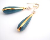 Ocean Blue Jasper Dangle Earrings - Teardrop - 14k Gold Filled - Blue - Classic - White
