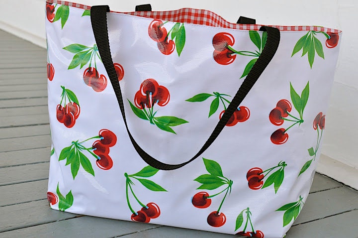 Large Lined Oilcloth Tote Bag Reversible Market Beach Bag with pockets