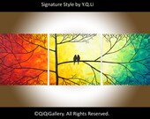 Abstract Landscape Painting Handmade Original Modern Heavy Texture Impasto Tree Branches Wall Décor "Love Birds in Forest" by QIQIGALLERY