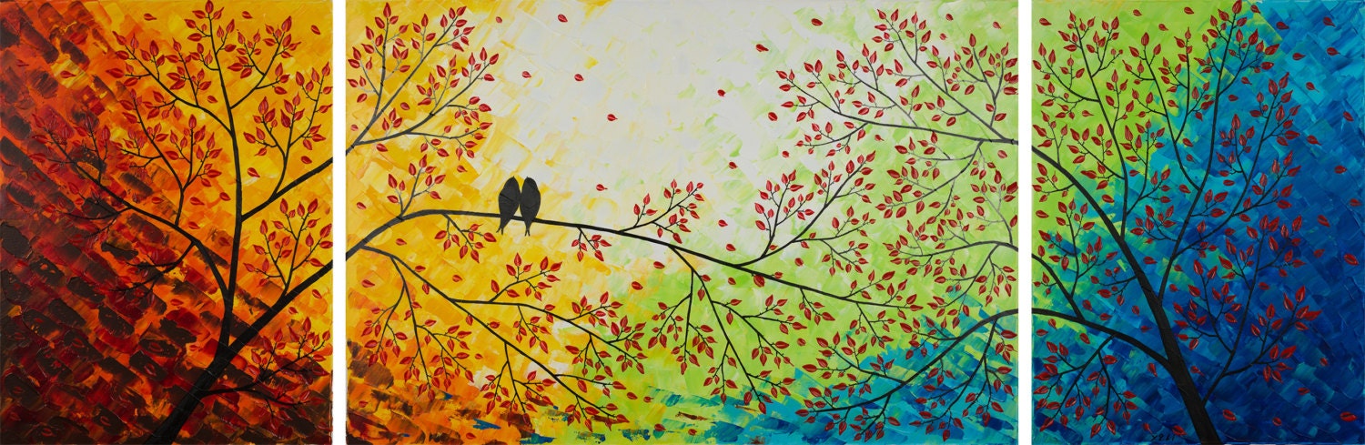 72" Contemporary Landscape Painting Heavy Texture Painting Impasto Gallery Wrap canvas Palette Knife Tree Decor Birds "Over the Rainbow"