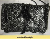 Vintage 80s Big Leather Clutch Bag Black and Silver Deco Design Envelope Style by Miriam