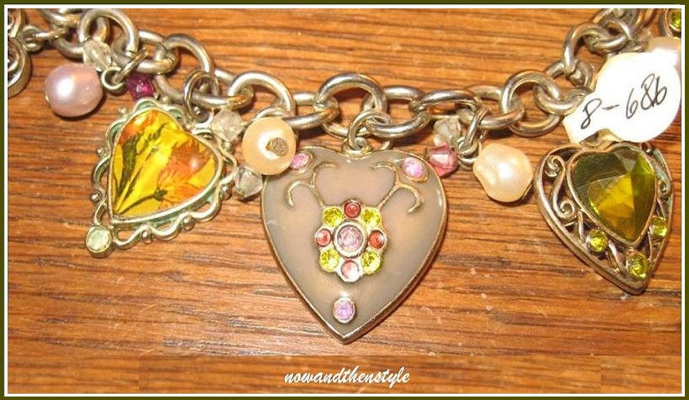 Vintage Bracelet 70s to early 80s Unusual Hearts Charms Retro Romance Filigree Floral  7" Long