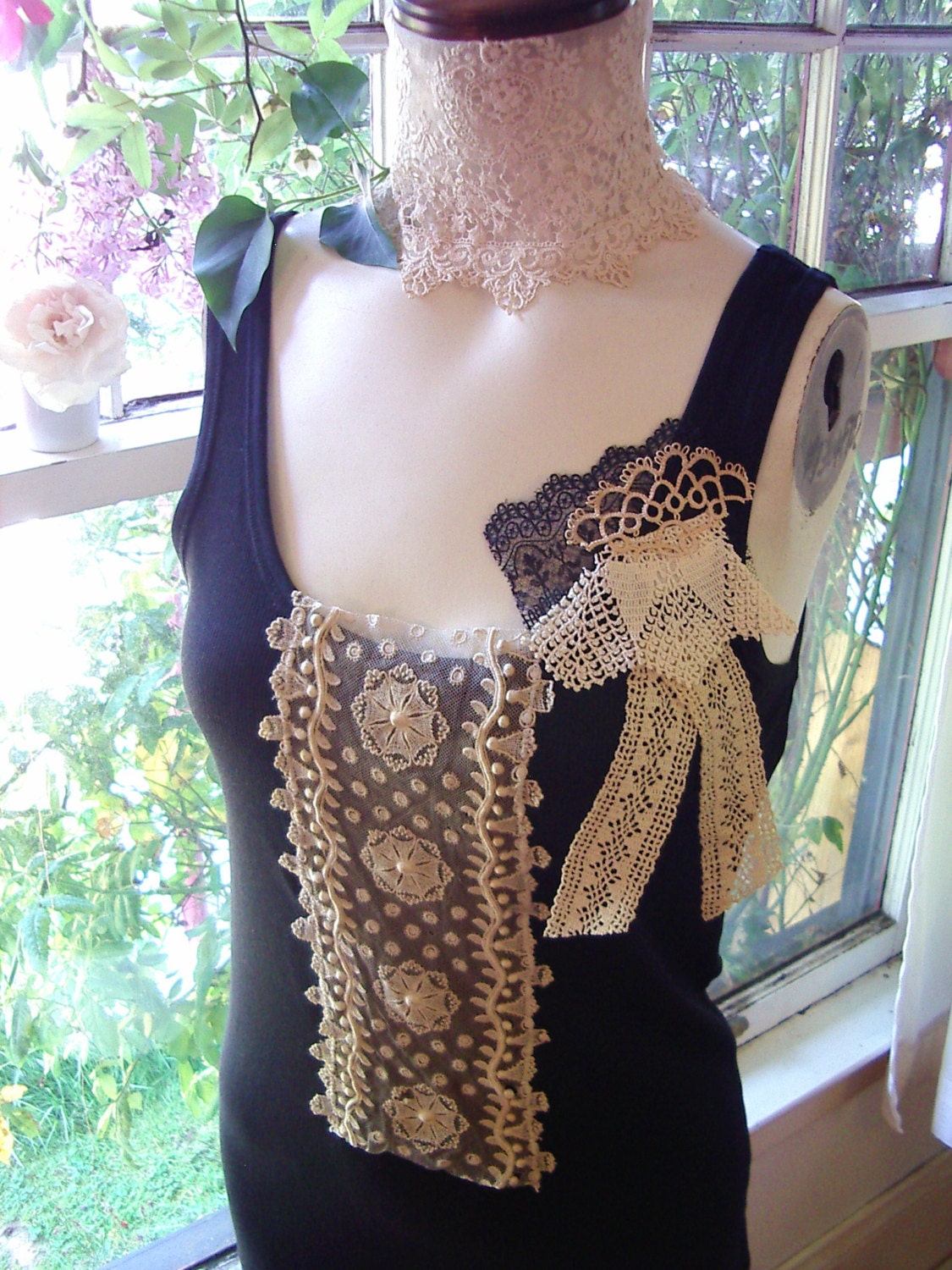 cute coquette vintage french lace blouse tank top black ecru summer shirt hankie tankie hankietankie
