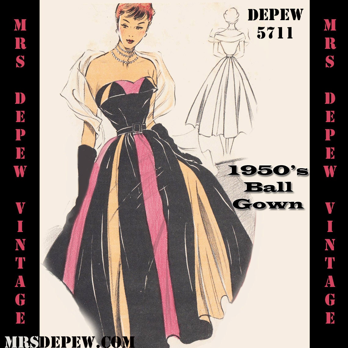 Vintage Sewing Pattern 1950's Cocktail Dress in Any Size Depew 5711 -INSTANT DOWNLOAD-