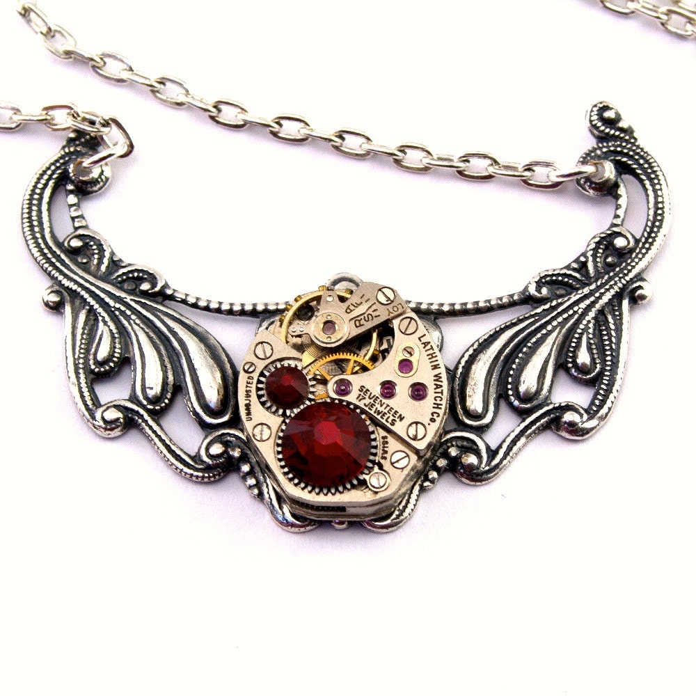 Steampunk Necklace - Gorgeous Vintage Clockwork Design accented with Siam RED Swarovski Crystals - PROMPTLY SHIPPED - SteampunkJewelry