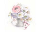 Vintage Poppies Art PRINT of Watercolor painting bouquet of flowers Still Life, Cottage, Shabby Chic,  8x10 Archival