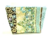 Medium Flat Bottom Zipper Pouch Brown and Light Blue Quilted Patchwork